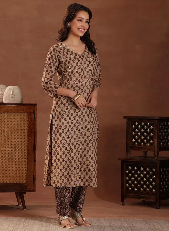 Libas Brown Printed Cotton Straight Kurta, Trousers And Dupatta Set