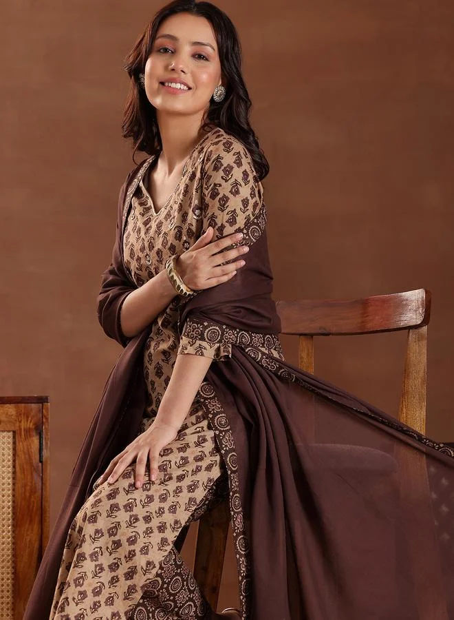 Libas Brown Printed Cotton Straight Kurta, Trousers And Dupatta Set