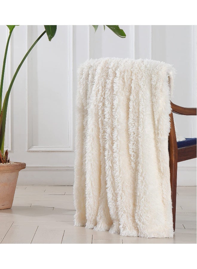 بطانية فاخرة مريحة ناعمة جداً 50" × 63"، ناعمة عكسية خفيفة الوزن من ميكروفايبر بفرو طويل للكنبة، والأريكة، وغرفة النوم بلون كريمي أبيض. مثالية للراحة والأناقة! - Image 5