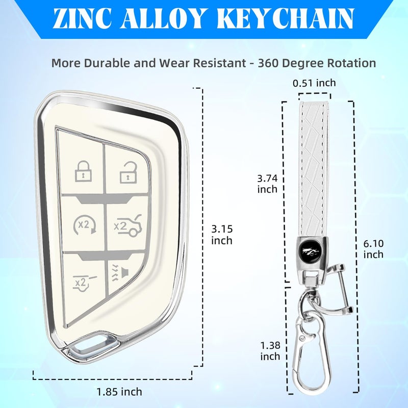 QBUC for Cadillac Key Fob Cover with Keychain Soft TPU Protection Case Compatible with 2020-2026 Cadillac Escalade Lyriq Optiq 6-Buttons(Chrome Trim White) - Image 5