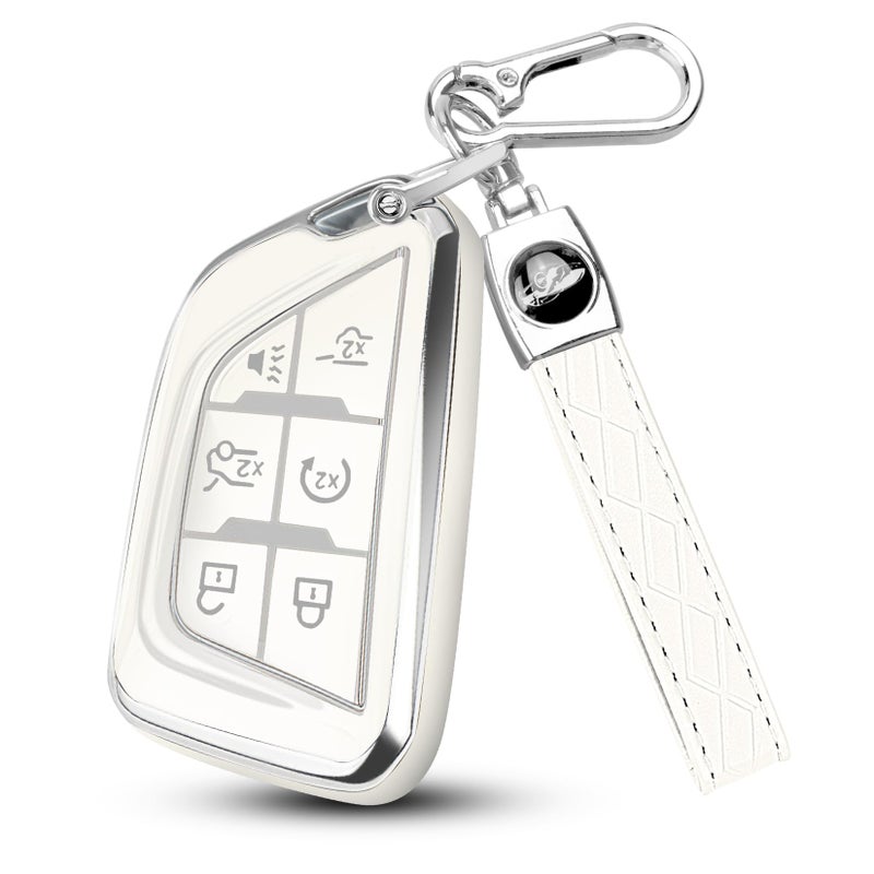QBUC for Cadillac Key Fob Cover with Keychain Soft TPU Protection Case Compatible with 2020-2026 Cadillac Escalade Lyriq Optiq 6-Buttons(Chrome Trim White) - Image 1