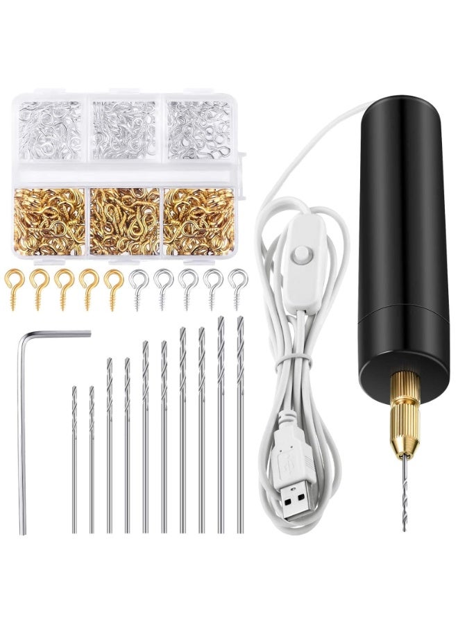 طقم مثقاب كهربائي من الراتنج، يتضمن 300 برغي عين ذهبي وفضي، 10 رؤوس مثقاب لولبية، مثقاب كهربائي صغير مع مفتاح ربط، ملزمة سداسية لقوالب صب الراتنج، سلاسل مفاتيح يدوية، أدوات حرفية يدوية. - Image 1