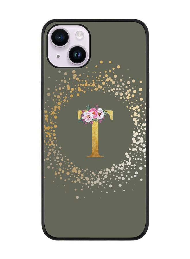 Stylizedd Rugged Black edge case for Apple iPhone 14 Slim fit Soft Case Flexible Rubber Edges TPU Gel Thin Cover - Custom Monogram Initial Letter Floral Pattern Alphabet - T (Olive Green) - Image 1