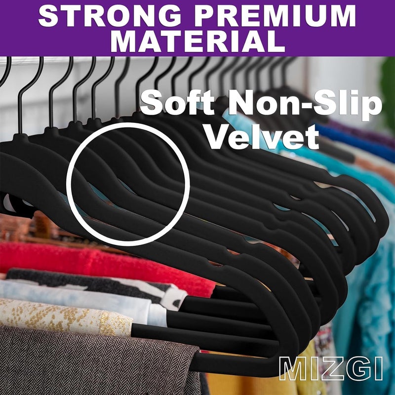 MIZGI Premium All Black Velvet Hangers with Black Hooks (30 Pack) Heavy Duty - Non Slip Felt Hangers - 360 Degree Swivel,Space Saving Clothes Hanger,Durable Strong Hanger for Suits,Coat. - Image 5