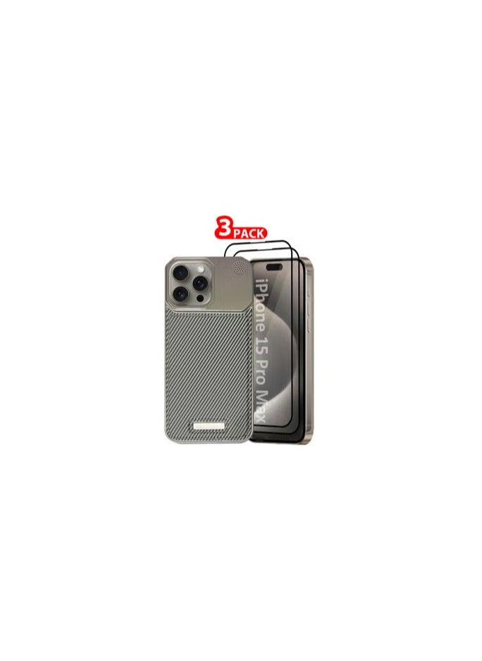 CATANES iPhone 15 Pro Max 3 Pack Case Leather Metal Design, Slim Lightweight Minimalist Cover,1 Case 2 Screen Protectors  - Image 1