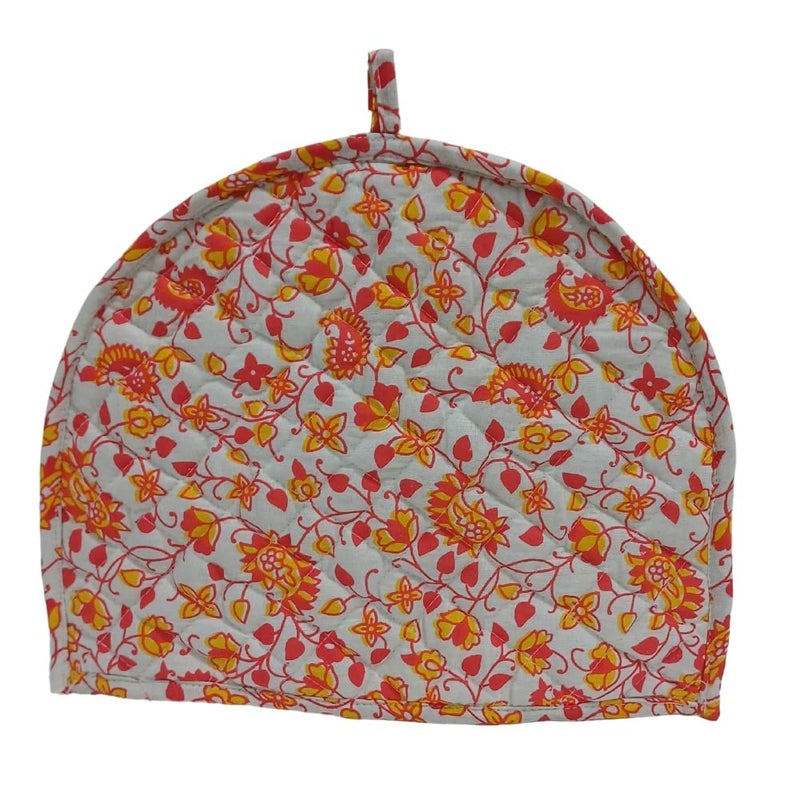 POSHMANDALA Poshmandala Rajasthani Handmade Tea Cozy 100 Cotton Hand Block Print Tea Kettle Warmer Winter Pot Cover for Hot Coffee Kitchen Dcor Size 14x11 Inches WhiteYellow  - Image 1