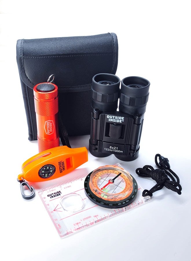 Outside Inside Explorer's Essentials Kit for Outdoor Adventures, Includes Binoculars, Compass, Flashlight and Whistle, Protective Carrying Pouch - Image 1