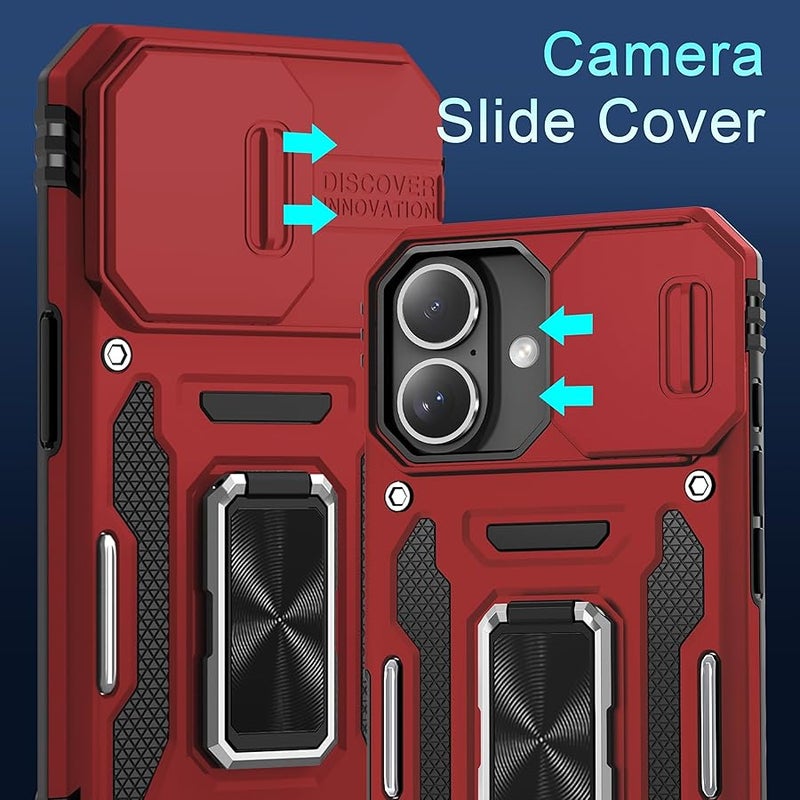 DEERLAMN for Phone 17 Case with Slide Camera Cover + Screen Protector (2 Packs), Rotated Ring Kickstand Military Grade Shockproof Protective Cover-Red - Image 2