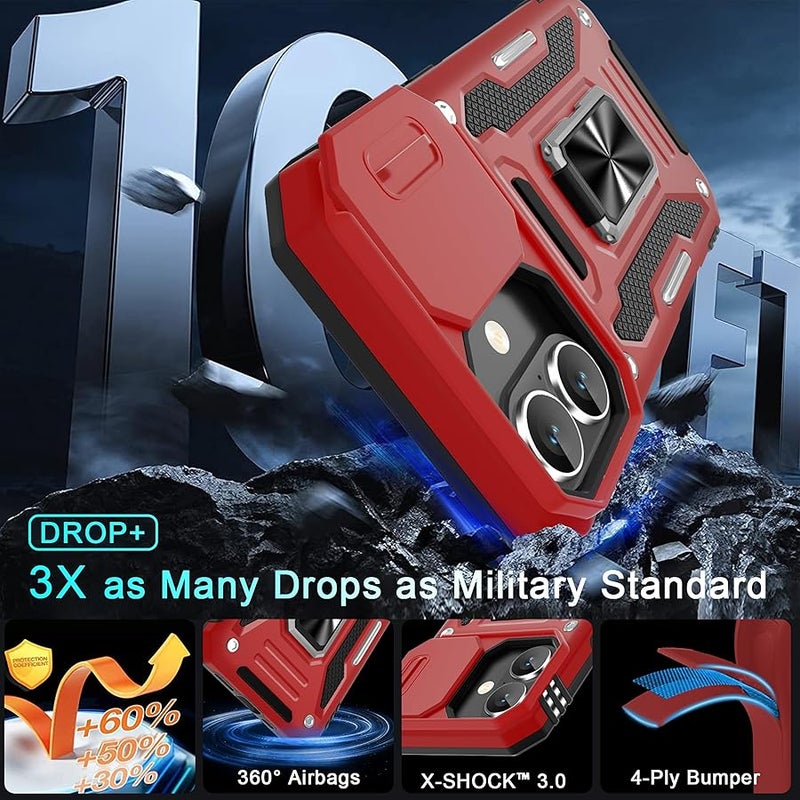 DEERLAMN for Phone 17 Case with Slide Camera Cover + Screen Protector (2 Packs), Rotated Ring Kickstand Military Grade Shockproof Protective Cover-Red - Image 3