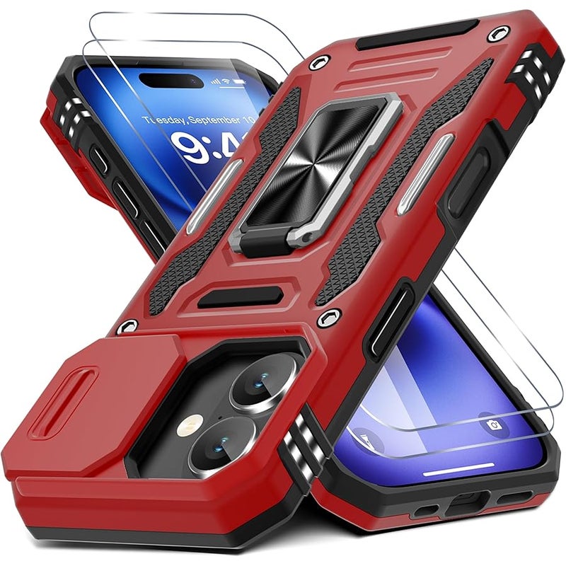 DEERLAMN for Phone 17 Case with Slide Camera Cover + Screen Protector (2 Packs), Rotated Ring Kickstand Military Grade Shockproof Protective Cover-Red - Image 1