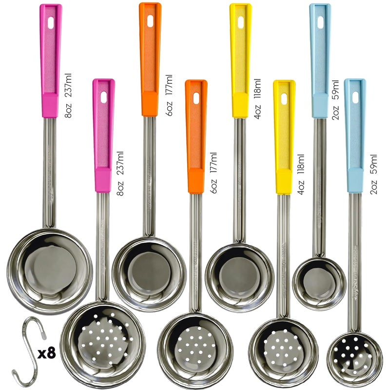 Portion Control Serving Spoons 8 Piece Set Restaurant Measuring Serving Ladle Utensils for Weight Loss Bariatric Gastric Sleeve Includes 2 4 6 8 oz Solid Perforated Scoops 1414 Long
