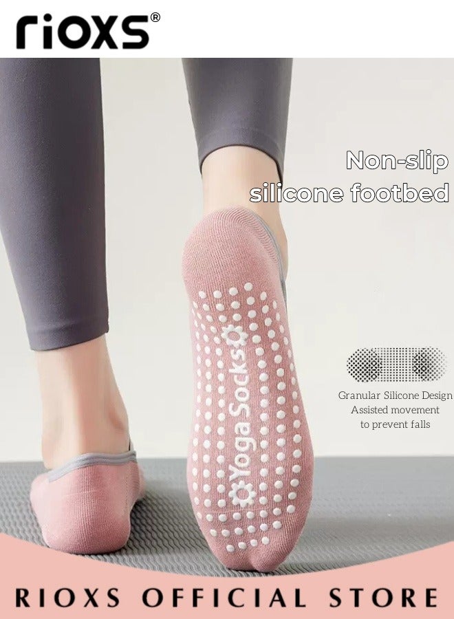 RIOXS 5 Pairs Yoga Socks For Women, Non-Slip Silicone Bottoms Grips and Straps, Cross Ties Fashionable Design Invisible Socks for Yoga Ballet Dance Barefoot Workout, Pink+Yellow+Blue+ Red+Gray - Image 2