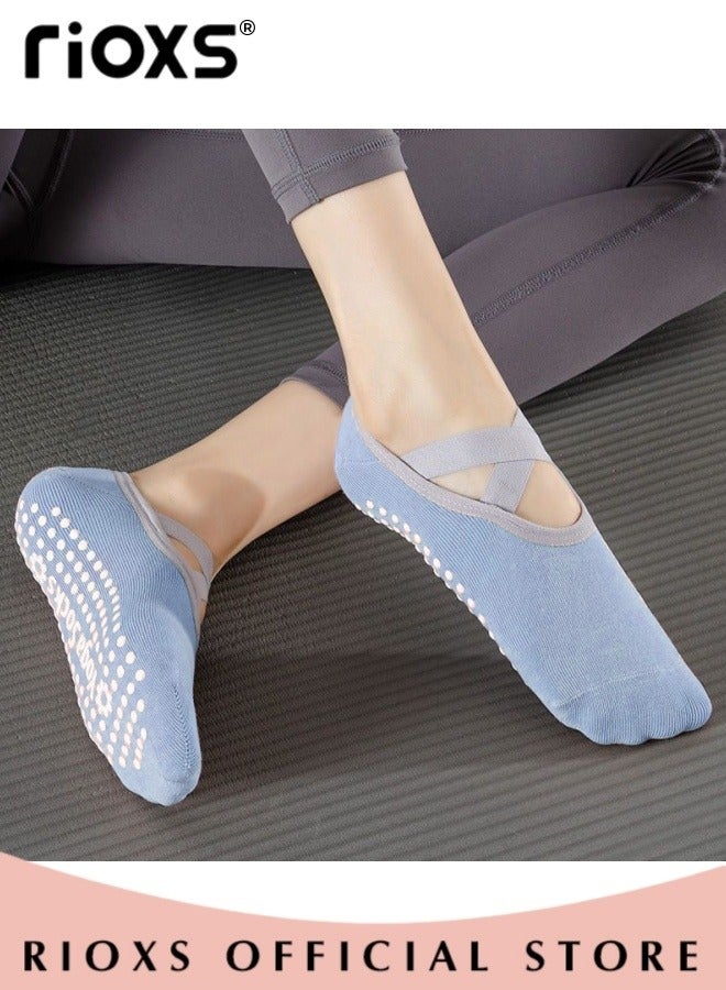 RIOXS 5 Pairs Yoga Socks For Women, Non-Slip Silicone Bottoms Grips and Straps, Cross Ties Fashionable Design Invisible Socks for Yoga Ballet Dance Barefoot Workout, Pink+Yellow+Blue+ Red+Gray - Image 4