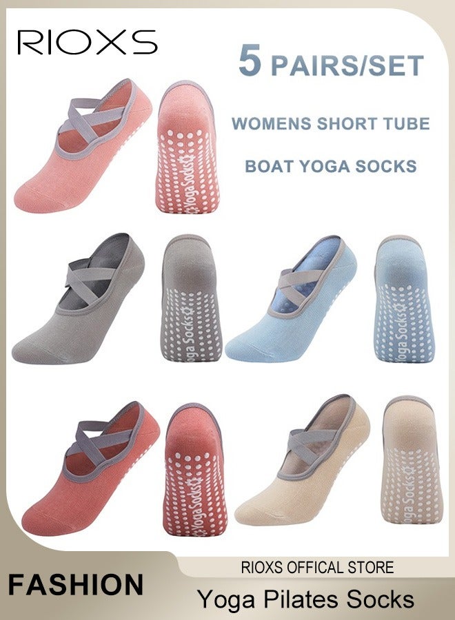 RIOXS 5 Pairs Yoga Socks For Women, Non-Slip Silicone Bottoms Grips and Straps, Cross Ties Fashionable Design Invisible Socks for Yoga Ballet Dance Barefoot Workout, Pink+Yellow+Blue+ Red+Gray - Image 1