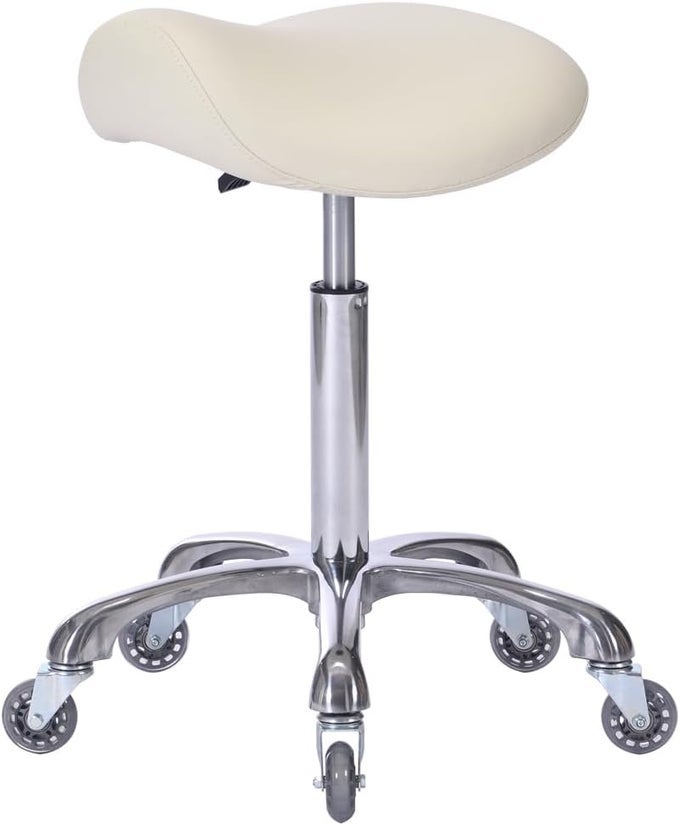 PROFESSIONAL SADDLE STOOL WITH WHEELS ERGONOMIC SWIVEL ROLLING HEIGHT ADJUSTABLE FOR CLINIC DENTIST BEAUTY SALON TATTOO HOME OFFICE BEIGE