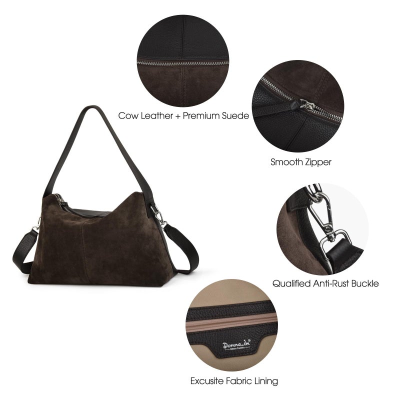 DONNAIN Suede Leather Crossbody Bags for Women, Slouchy Suede Shoulder Bag with Adjustable Wide Strap and Tote Handbag (Coffee) - Image 5
