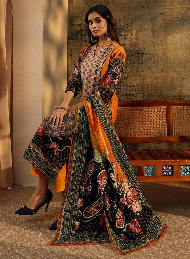 لباس Mustard Paisley Printed Kurta Set With Trousers And Dupatta