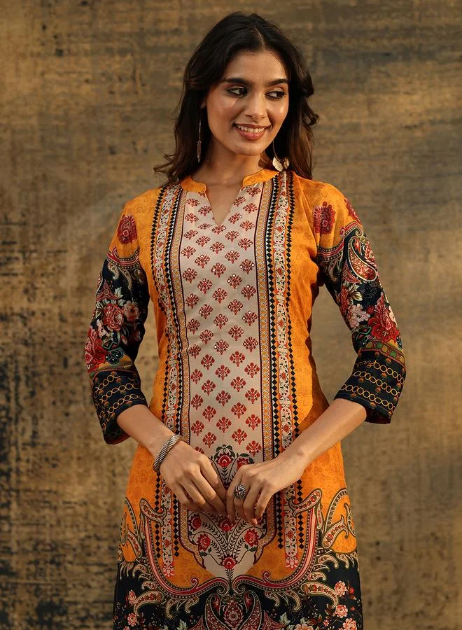 Libas  Mustard Paisley Printed Kurta Set With Trousers And Dupatta for Women | Best Price UAE
