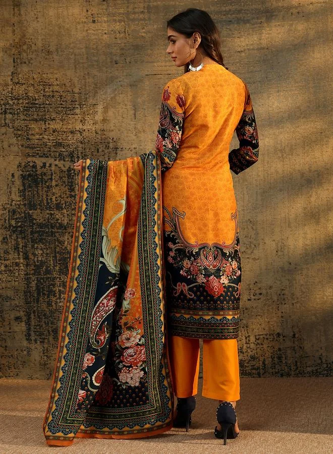Libas  Mustard Paisley Printed Kurta Set With Trousers And Dupatta for Women | Best Price UAE