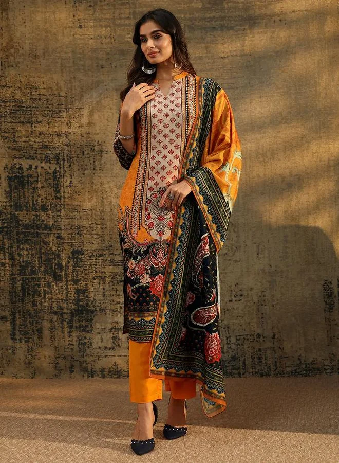 Libas  Mustard Paisley Printed Kurta Set With Trousers And Dupatta for Women | Best Price UAE