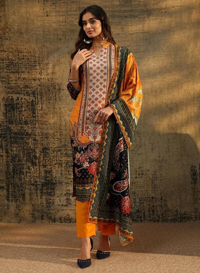 لباس Mustard Paisley Printed Kurta Set With Trousers And Dupatta
