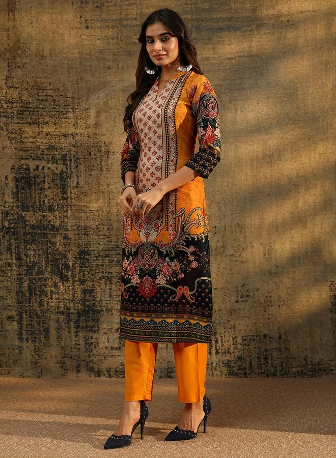 Libas  Mustard Paisley Printed Kurta Set With Trousers And Dupatta for Women | Best Price UAE