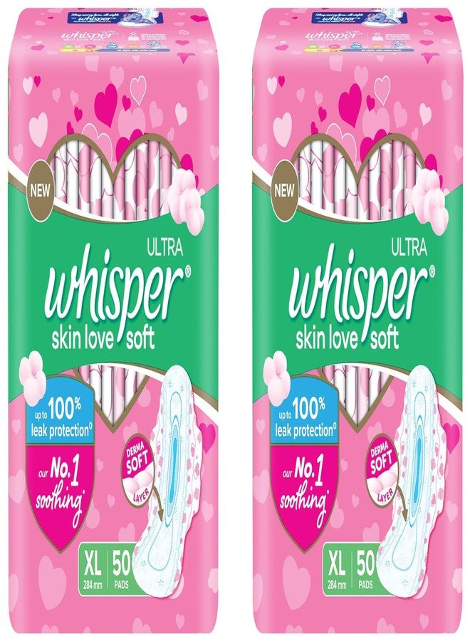 Whisper Ultra Skinlove Soft Sanitary Pads for Women|50 thin Pads|XL|Cottony soft|our #1 Softness|Soft top sheet|Irritation free |28.4 cm Long|With disposable wrap (Pack of 2 - Image 1