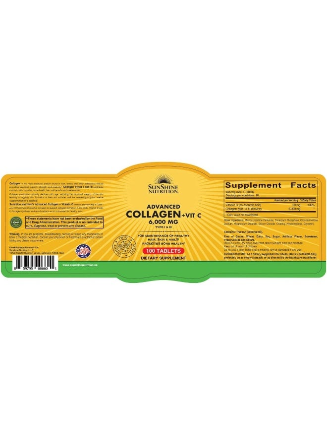 SUNSHINE NUTRITION Advanced Collagen + Vitamin C 6000Mg 100 Tablets - Image 2