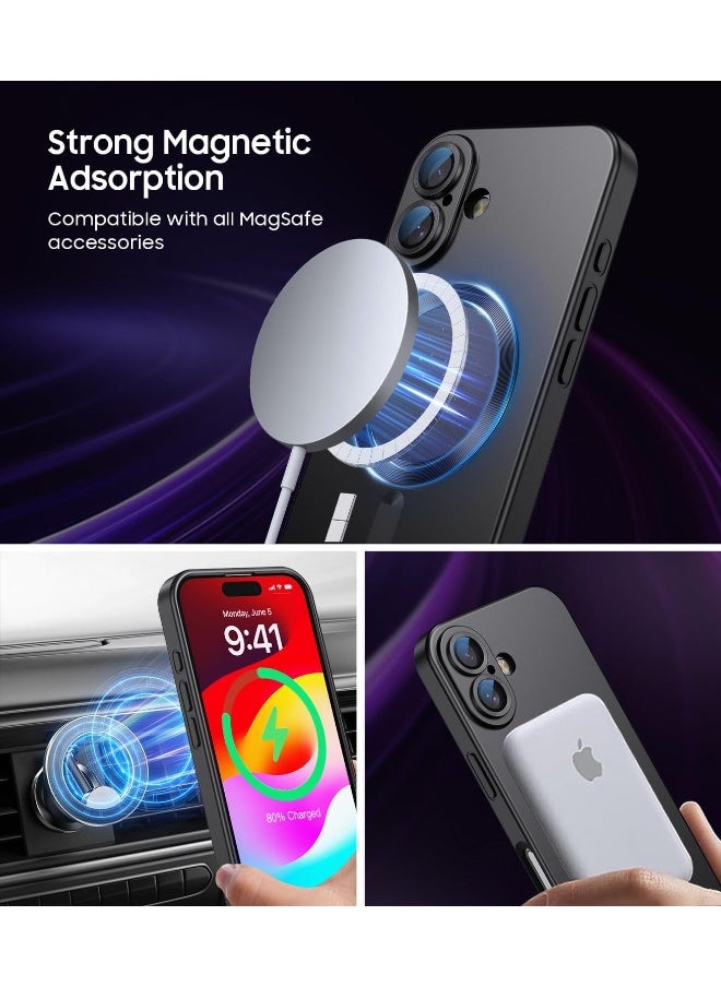 Magnetic Case for iPhone 16, [MagSafe Compatible][Built-in Camera Lens Protector][Light Slim] Soft Silicone Bumper Shockproof Matte Case Cover for iPhone 16 6.1 inch, Black