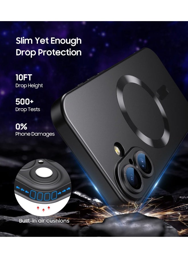 Magnetic Case for iPhone 16, [MagSafe Compatible][Built-in Camera Lens Protector][Light Slim] Soft Silicone Bumper Shockproof Matte Case Cover for iPhone 16 6.1 inch, Black
