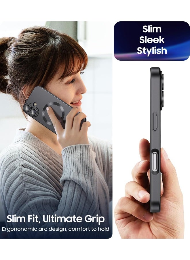 Magnetic Case for iPhone 16, [MagSafe Compatible][Built-in Camera Lens Protector][Light Slim] Soft Silicone Bumper Shockproof Matte Case Cover for iPhone 16 6.1 inch, Black