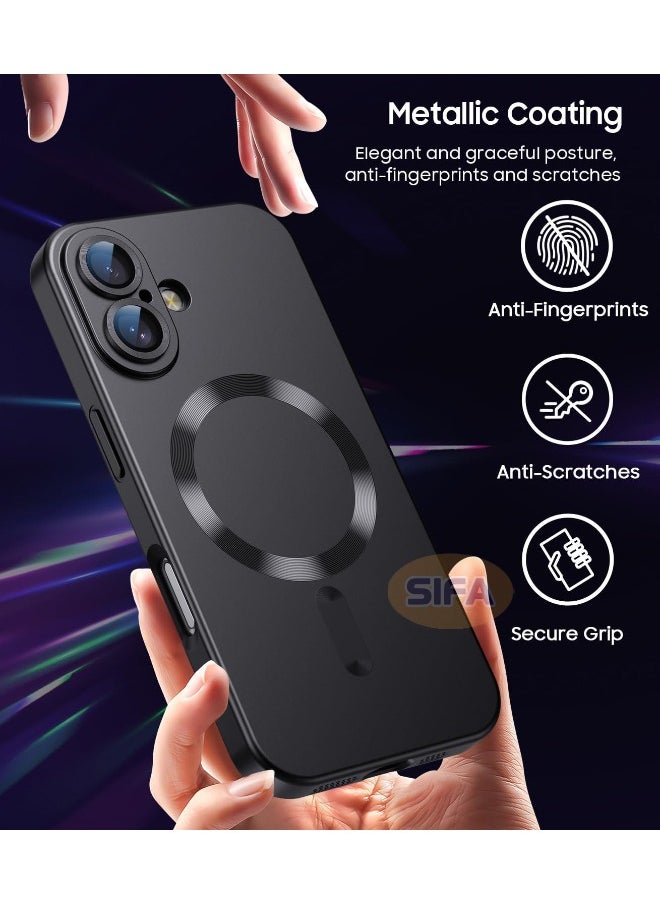 Magnetic Case for iPhone 16, [MagSafe Compatible][Built-in Camera Lens Protector][Light Slim] Soft Silicone Bumper Shockproof Matte Case Cover for iPhone 16 6.1 inch, Black
