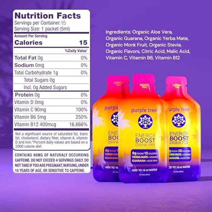 purple tree Organic Energy Stick Packets – Zero Sugar, 80mg Natural Caffeine from Yerba Mate & Guarana, with B12 Vitamins for Smooth, Crash-Free Energy – Lemon Iced Tea Flavor, 12 to-Go Packs - Image 5