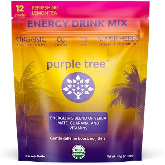 purple tree Organic Energy Stick Packets – Zero Sugar, 80mg Natural Caffeine from Yerba Mate & Guarana, with B12 Vitamins for Smooth, Crash-Free Energy – Lemon Iced Tea Flavor, 12 to-Go Packs - Image 1