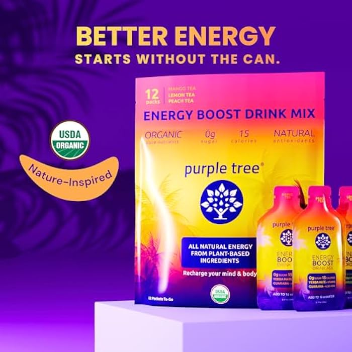 purple tree Organic Energy Stick Packets – Zero Sugar, 80mg Natural Caffeine from Yerba Mate & Guarana, with B12 Vitamins for Smooth, Crash-Free Energy – Lemon Iced Tea Flavor, 12 to-Go Packs - Image 2