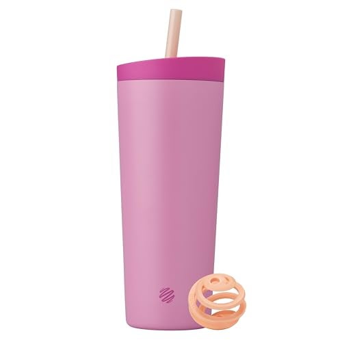 BlenderBottle بلندر بوتل 2 في 1 زجاجة شاي معزولة من الفولاذ المقاوم للصدأ، غطاء مانع للتسرب، قشة، بلندر بول، خالية من BPA، لشيكات البروتين، العصائر، وما قبل التمرين، 24 أونصة، وردي (بتلة الورد) - Image 1