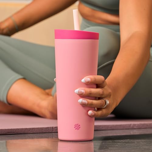 BlenderBottle بلندر بوتل 2 في 1 زجاجة شاي معزولة من الفولاذ المقاوم للصدأ، غطاء مانع للتسرب، قشة، بلندر بول، خالية من BPA، لشيكات البروتين، العصائر، وما قبل التمرين، 24 أونصة، وردي (بتلة الورد) - Image 5