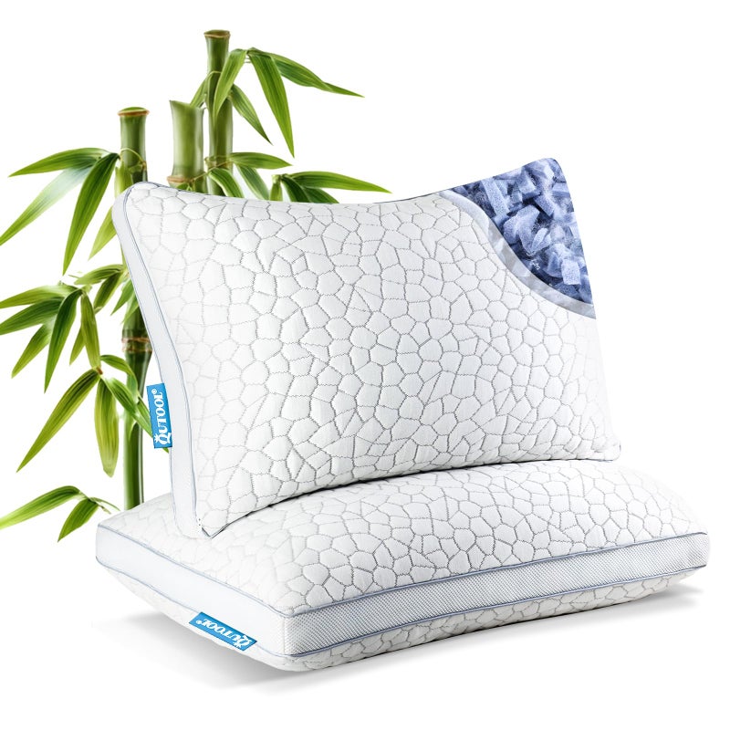QUTOOL Shredded Memory Foam Pillows 2 Pack, Rayon Derived from Bamboo Pillow Queen Size Set of 2, Cooling Gel Pillows for Sleeping, Adjustable Pillow for Side Stomach and Back Sleepers with Washable Cover - Image 1