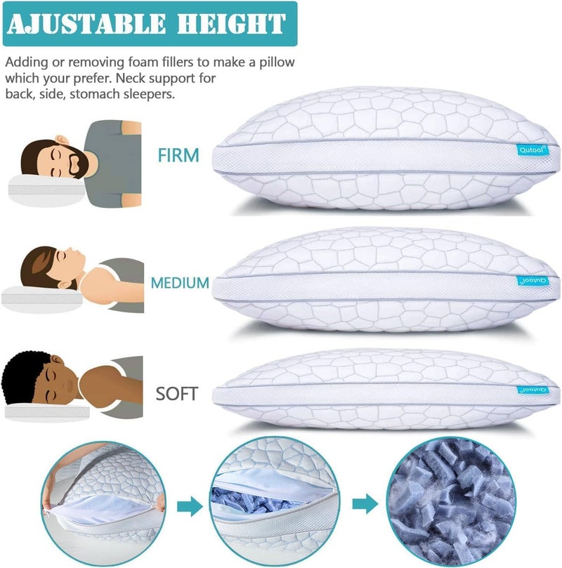 QUTOOL Shredded Memory Foam Pillows 2 Pack, Rayon Derived from Bamboo Pillow Queen Size Set of 2, Cooling Gel Pillows for Sleeping, Adjustable Pillow for Side Stomach and Back Sleepers with Washable Cover - Image 3