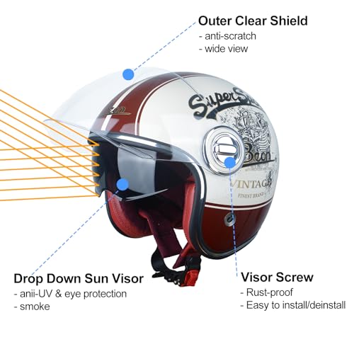 BEON Open Face Motorcycle Helmet for Adults, DOT Approved,Moped 3/4 Half Vespa Vintage Helmet with Dual Visors for Men and Women (Super Sport Glossy Beige Red, Large) - Image 3