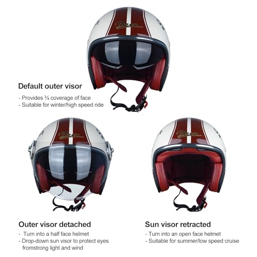 BEON Open Face Motorcycle Helmet for Adults, DOT Approved,Moped 3/4 Half Vespa Vintage Helmet with Dual Visors for Men and Women (Super Sport Glossy Beige Red, Large) - Image 4