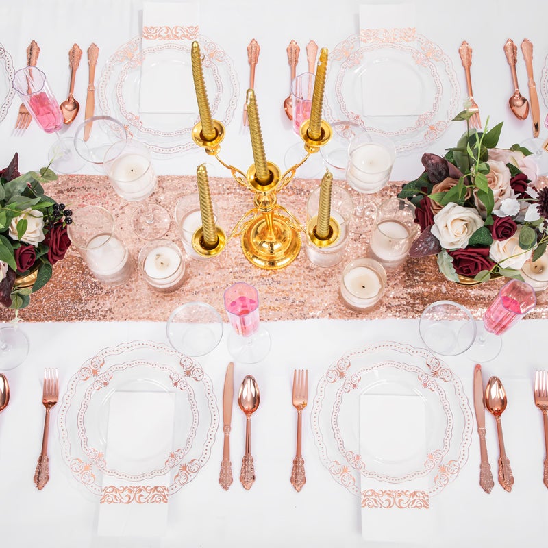 Ciaell 175 PCS Rose and Gold Plastic Plates - Fancy Rose Gold Disposable Dinnerware Set with of 25 Dinner Plates  25 Salad Plates  25 Knives  25 Forks  25 Spoons  25 Cups  25 Napkins for Wedding Party - Image 3