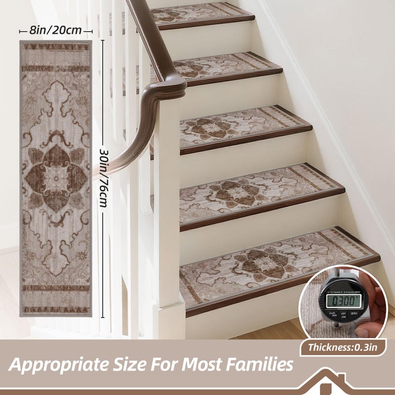 BEQHAUSE Stair Treads for Wooden Steps Non-Slip Indoor Stair Runner Washable Carpet for Stairs Self-Adhesive Stair Rug for Elders Kids and Pets, 8X30 in, 15 PCS, Classical Florals, Red/Brown - Image 4