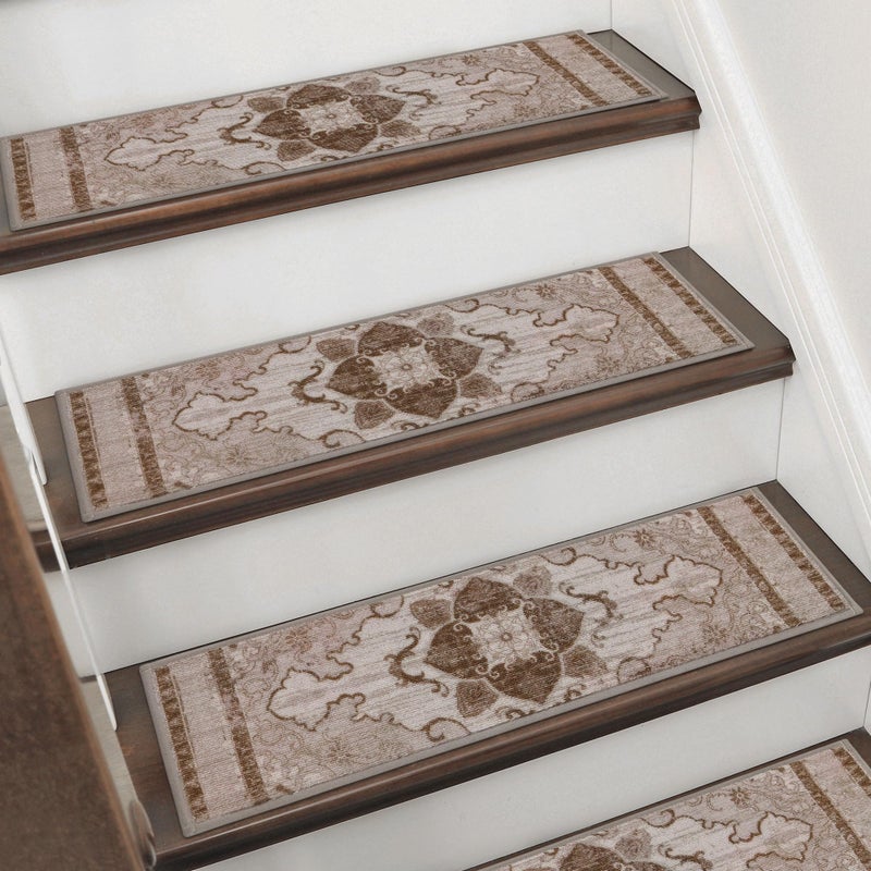 BEQHAUSE Stair Treads for Wooden Steps Non-Slip Indoor Stair Runner Washable Carpet for Stairs Self-Adhesive Stair Rug for Elders Kids and Pets, 8X30 in, 15 PCS, Classical Florals, Red/Brown - Image 1