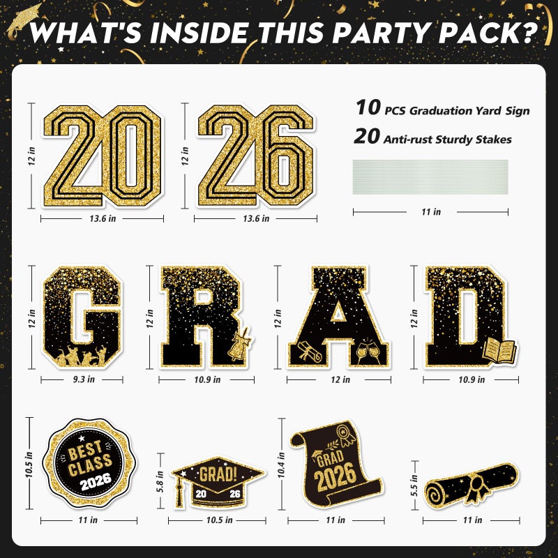 KLYRO 2026 Graduation Decorations Yard Signs â€“ 10PCS Black and Gold Congrats Grad Lawn Decorations with Stakes, Graduation Party Supplies, Large Outdoor Graduation Party Decor for High School & College - Image 2