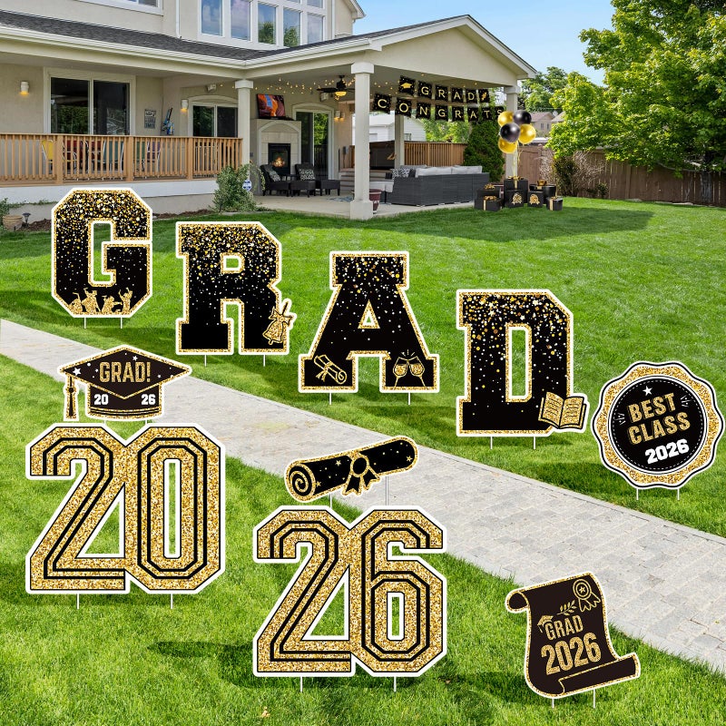 KLYRO 2026 Graduation Decorations Yard Signs â€“ 10PCS Black and Gold Congrats Grad Lawn Decorations with Stakes, Graduation Party Supplies, Large Outdoor Graduation Party Decor for High School & College - Image 5
