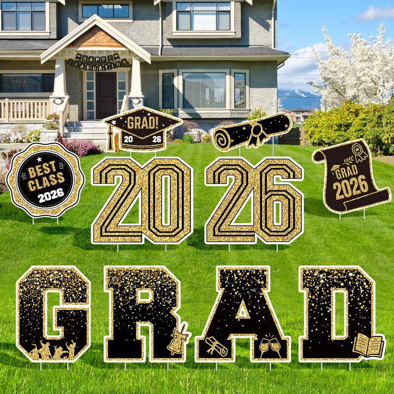 KLYRO 2026 Graduation Decorations Yard Signs â€“ 10PCS Black and Gold Congrats Grad Lawn Decorations with Stakes, Graduation Party Supplies, Large Outdoor Graduation Party Decor for High School & College - Image 1