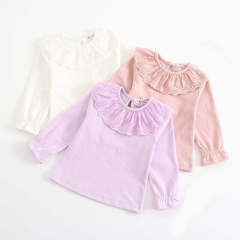 Spring and Autumn Baby's Lotus Collar T-shirt Korean Style Girl's Lace Doll Collar Long Sleeve Base Shirt Children's Trendy Top - Image 2