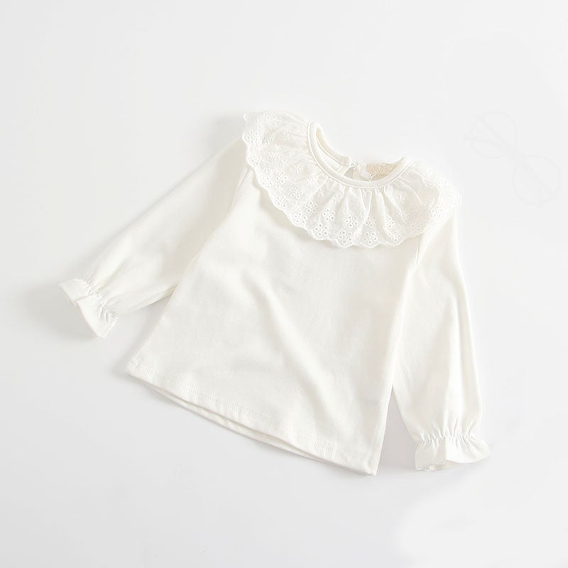 Spring and Autumn Baby's Lotus Collar T-shirt Korean Style Girl's Lace Doll Collar Long Sleeve Base Shirt Children's Trendy Top - Image 3