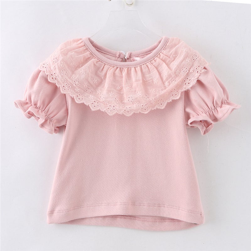Spring and Autumn Baby's Lotus Collar T-shirt Korean Style Girl's Lace Doll Collar Long Sleeve Base Shirt Children's Trendy Top - Image 1